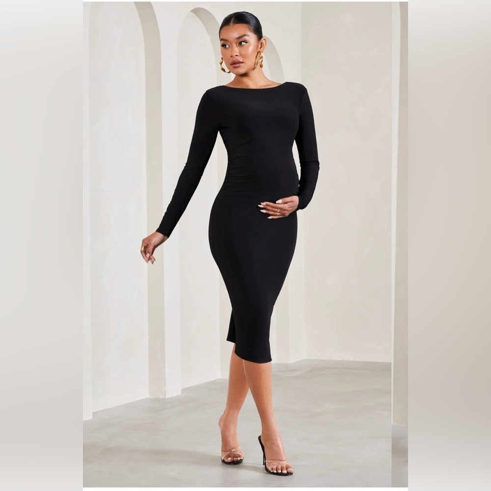 Club L London Embrace BLACK LONG-SLEEVED MATERNITY MIDI DRESS
